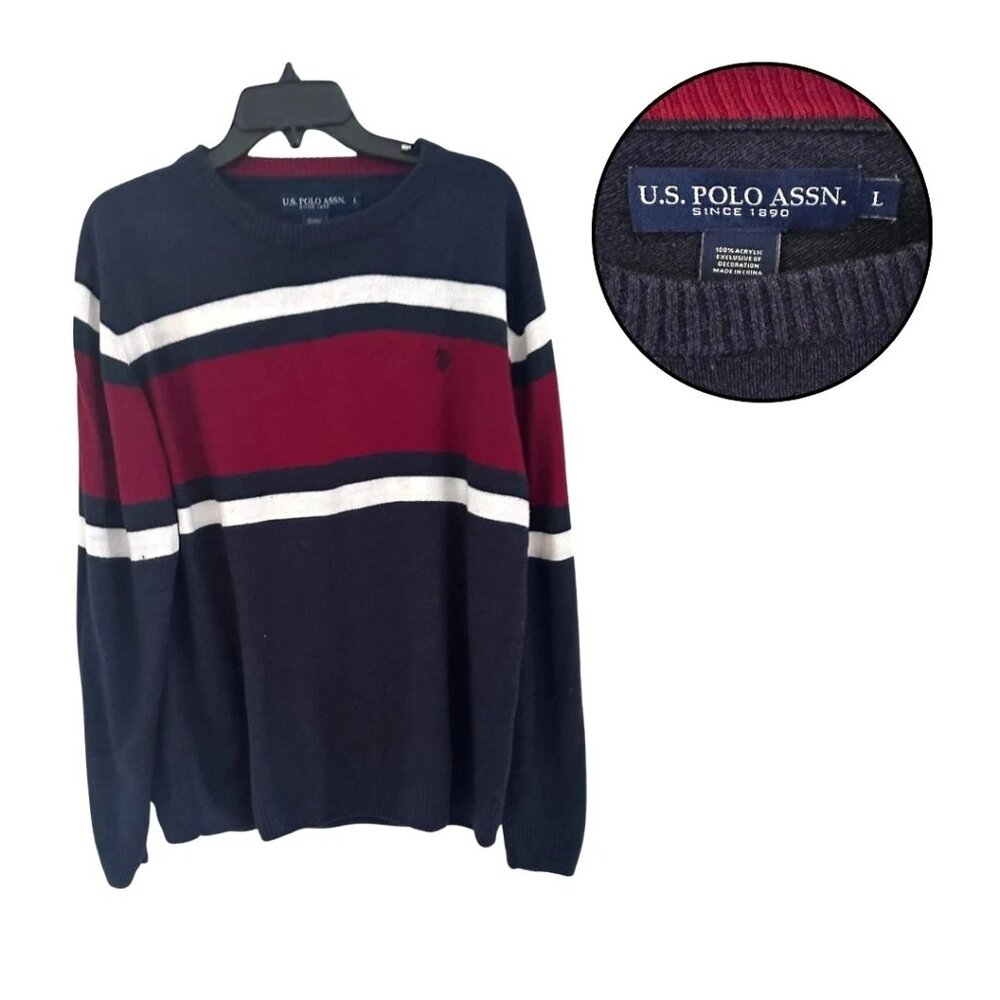 U.S. Polo Assn. Men's Large Navy Red White Colorblock Knit Sweater Pullover